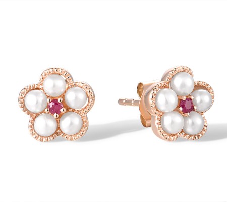 14KR Earrings Fresh Water White Pearl,Ruby (E315054FRY14KR)