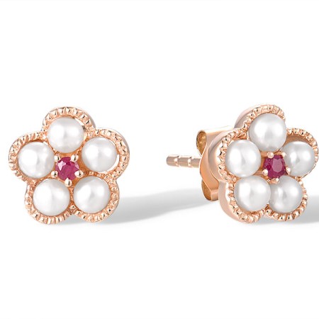 14KR Earrings Fresh Water White Pearl,Ruby (E315054FRY14KR)