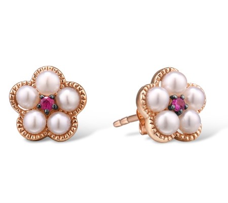 14KRB Earrings Fresh Water White Pearl,Ruby (E315054FRY14KRB)