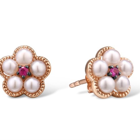 14KRB Earrings Fresh Water White Pearl,Ruby (E315054FRY14KRB)