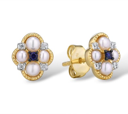 14KYWB Earrings Blue Sapphire,Diamond,Fresh Water White Pearl (E315055PSA14KYWB)