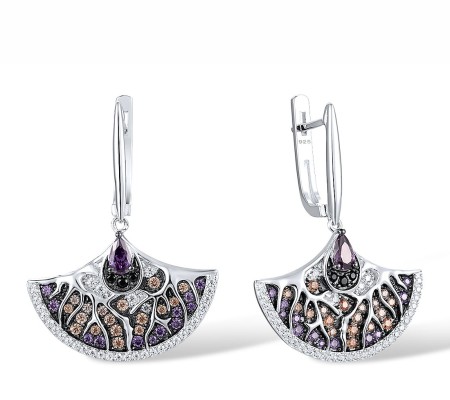 Sterling Silver w/ Black White Plating Earrings Amethyst Cubic Zirconia,Black spinel,Champagne Cubic Zirconia,White Cubic Zirconia (E315137MULSK925)
