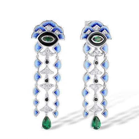 Sterling Silver Earrings Black spinel,Enamel,Green Spinel,White Cubic Zirconia (E315141ENASL925)
