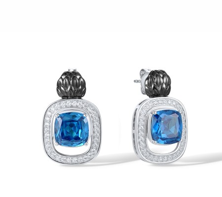 Sterling Silver w/ Black White Plating Earrings Blue Glass,White Cubic Zirconia (E315204BLGZSK925)