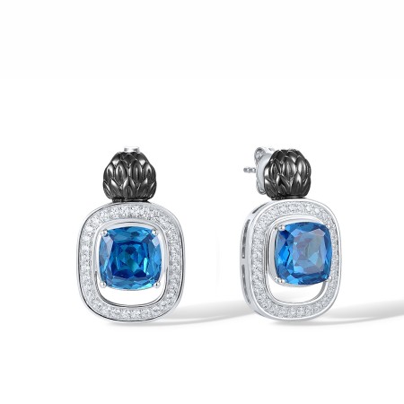 Sterling Silver w/ Black White Plating Earrings Blue Glass,White Cubic Zirconia (E315204BLGZSK925)