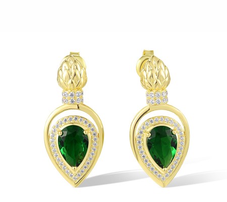 Sterling Silver w/ Yellow Plating Earrings Green Glass,White Cubic Zirconia (E315205GRGZ1SY925)