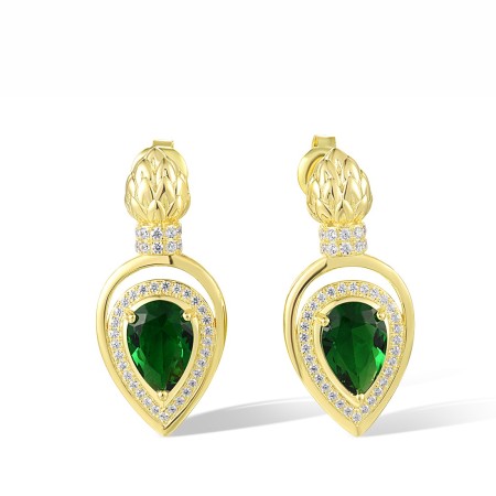 Sterling Silver w/ Yellow Plating Earrings Green Glass,White Cubic Zirconia (E315205GRGZ1SY925)