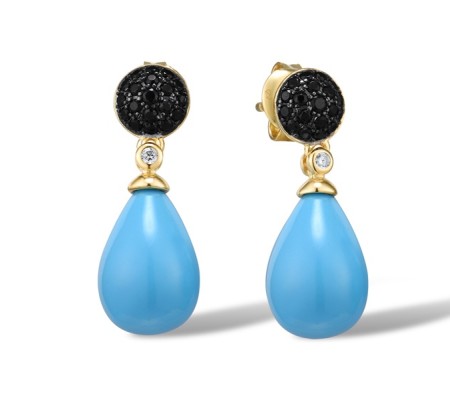 Sterling Silver w/ Yellow Black Plating Earrings Created Blue Turquoise,White Cubic Zirconia,Black spinel (E315611BCBZSC925)
