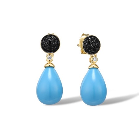 Sterling Silver w/ Yellow Black Plating Earrings Created Blue Turquoise,White Cubic Zirconia,Black spinel (E315611BCBZSC925)