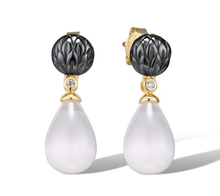 Sterling Silver w/ Yellow Black Plating Earrings Created White Cat's Eye,White Cubic Zirconia (E315615WEZSC925)