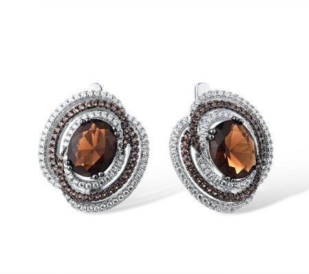 Sterling Silver w/ Black White Plating Earrings Nano Brown Spinel,Smoky Glass,White Cubic Zirconia (E315841SGBZSK925)