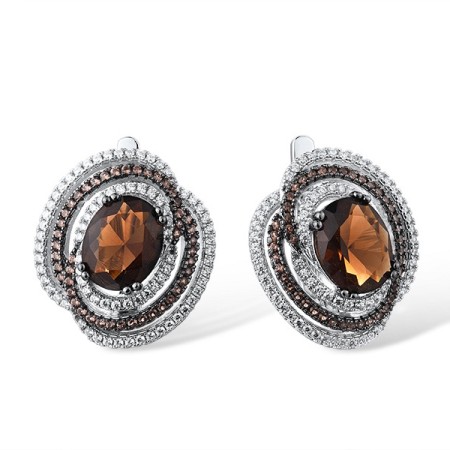 Sterling Silver w/ Black White Plating Earrings Nano Brown Spinel,Smoky Glass,White Cubic Zirconia (E315841SGBZSK925)