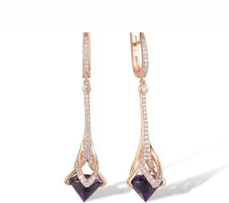 Sterling Silver w/ Rose Plating Earrings Purple Glass,White Cubic Zirconia (E316058PGZ1SR925)