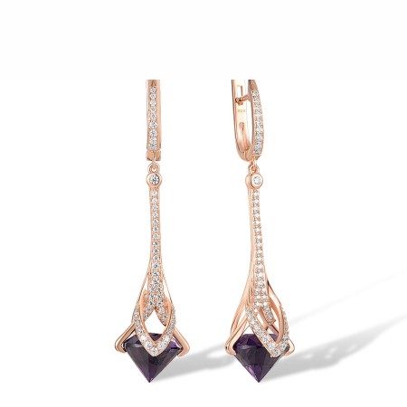 Sterling Silver w/ Rose Plating Earrings Purple Glass,White Cubic Zirconia (E316058PGZ1SR925)