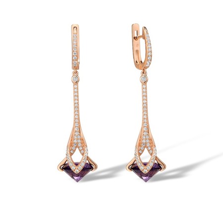 Sterling Silver w/ Rose Plating Earrings Purple Glass,White Cubic Zirconia (E316058PGZSR925)