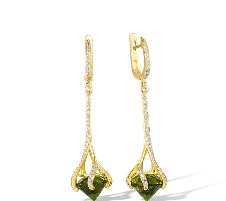 Sterling Silver w/ Yellow Plating Earrings Green Glass,White Cubic Zirconia (E316059GRGZ1SY925)