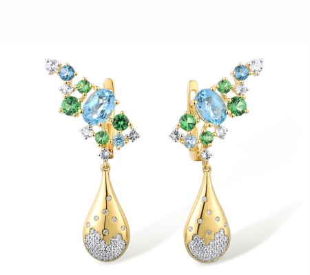 14KYW Earrings Blue Topaz (Swiss Blue),Diamond,Green Garnet,London Blue Topaz,White Topaz (E316071MUL14KYW)