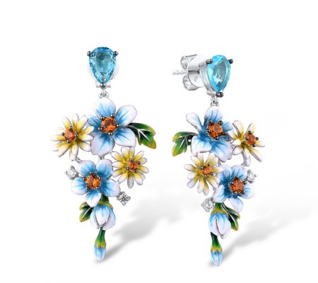 Sterling Silver w/ Black White Plating Earrings Blue Glass,Enamel,White Cubic Zirconia,Yellow Nano Cubic Zirconia (Ci (E316091ENASK925)