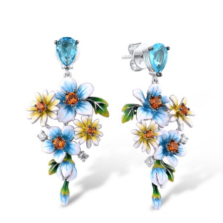 Sterling Silver w/ Black White Plating Earrings Blue Glass,Enamel,White Cubic Zirconia,Yellow Nano Cubic Zirconia (Ci (E316091ENASK925)