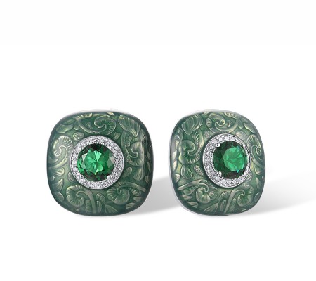 Sterling Silver Earrings Enamel,Green Glass,White Cubic Zirconia (E316105ENA1SL925)