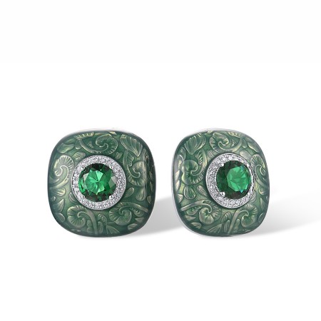 Sterling Silver Earrings Enamel,Green Glass,White Cubic Zirconia (E316105ENA1SL925)