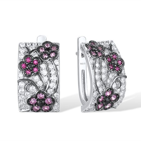 Sterling Silver w/ Black White Plating Earrings Black spinel,Created Pink Sapphire,Created Ruby,White Cubic Zirconia (E316227MULSK925)