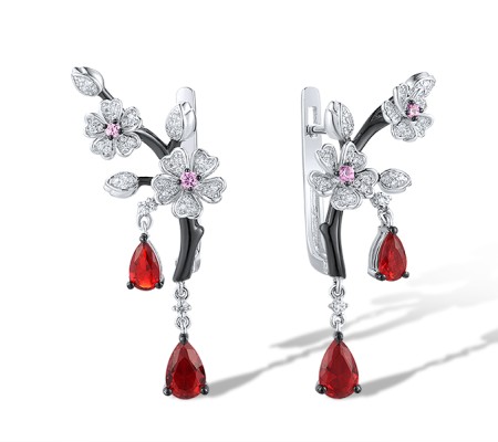 Sterling Silver w/ Black White Plating Earrings Red Glass,White Cubic Zirconia,Created Pink Sapphire (E316417RGCZSK925)