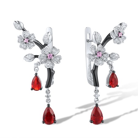 Sterling Silver w/ Black White Plating Earrings Red Glass,White Cubic Zirconia,Created Pink Sapphire (E316417RGCZSK925)