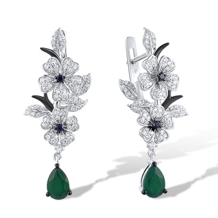 Sterling Silver w/ Black White Plating Earrings Created Sapphire,Dyed Green Agate,White Cubic Zirconia (E316418GCSZSK925)