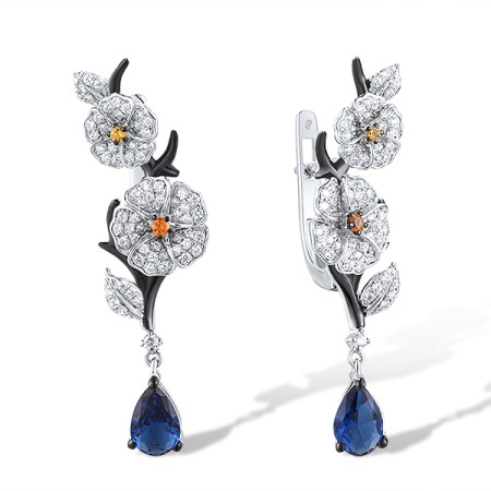 Sterling Silver w/ Black White Plating Earrings Blue Glass,White Cubic Zirconia,Yellow Nano Crystal (E316419BLYZSK925)
