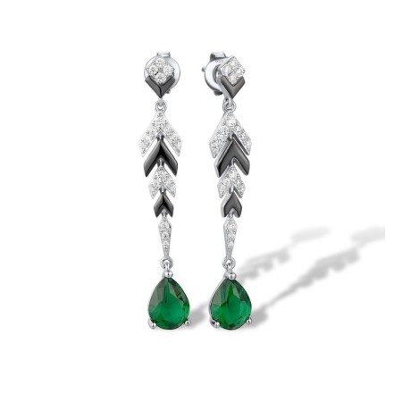 Sterling Silver w/ Black White Plating Earrings Green Glass,White Cubic Zirconia (E316505GRGZSK925)