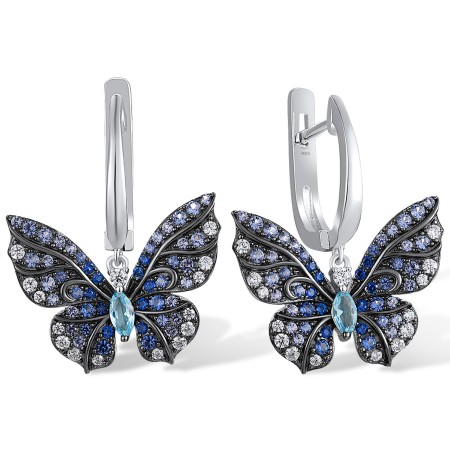 Sterling Silver w/ Black White Plating Earrings Blue Glass,Blue Nano Cubic Zirconia,Blue Spinel,White Cubic Zirconia (E316703MULSK925)