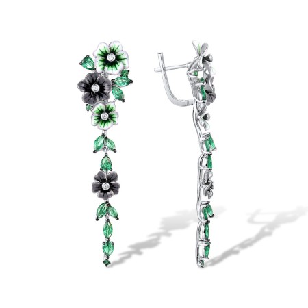 Sterling Silver w/ Black White Plating Earrings Enamel,Green Spinel,White Cubic Zirconia (E316822ENASK925)
