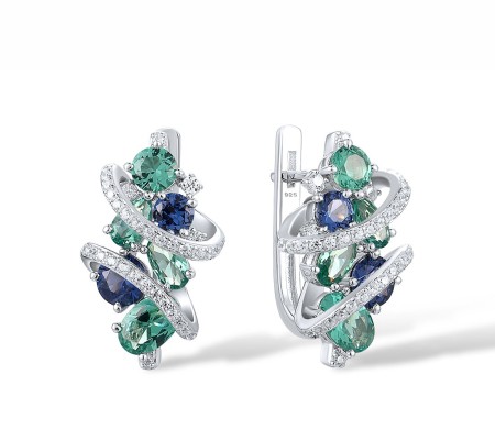 Sterling Silver Earrings Blue Spinel,Green Spinel,White Cubic Zirconia (E317087GSBZSL925)