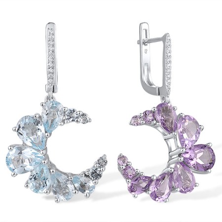 Sterling Silver Earrings Amethyst,Blue Topaz (Sky Blue),White Cubic Zirconia (E317156ABKZSL925)