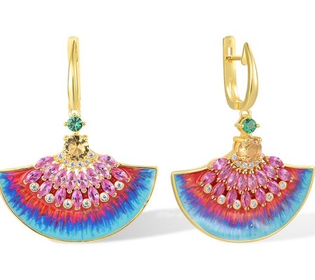 Sterling Silver w/ Yellow Plating Earrings Created Pink Sapphire,Enamel,Green Spinel,White Cubic Zirconia,Yellow Glass (E317180ENASY925)