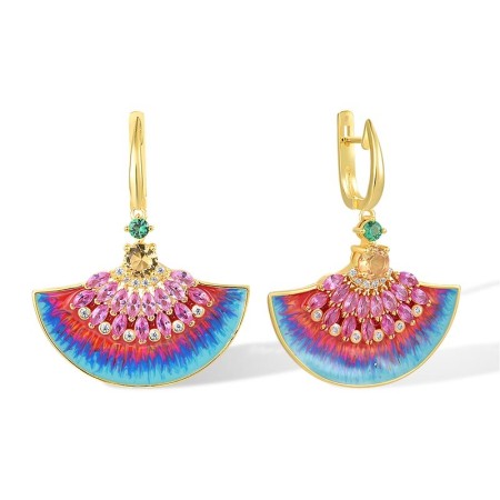 Sterling Silver w/ Yellow Plating Earrings Created Pink Sapphire,Enamel,Green Spinel,White Cubic Zirconia,Yellow Glass (E317180ENASY925)