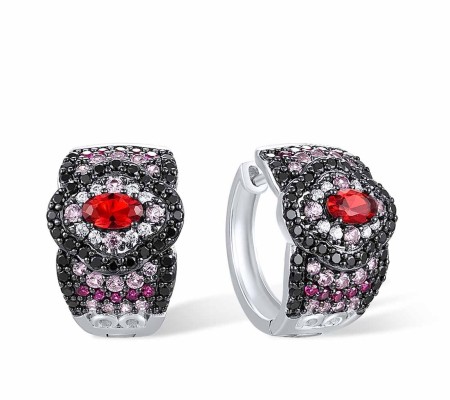 Sterling Silver w/ Black White Plating Earrings Black spinel,Created Pink Sapphire,Created Ruby,Red Glass,White Cubic Zirconia (E317201MULSK925)