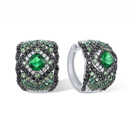 Sterling Silver w/ Black White Plating Earrings Black spinel,Green Glass,Green Spinel,White Cubic Zirconia (E317202MULSK925)