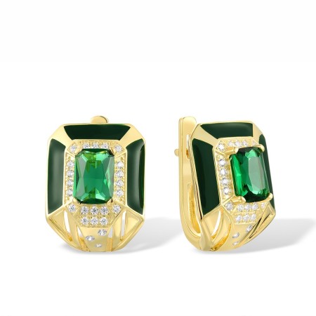 Sterling Silver w/ Yellow Plating Earrings Enamel,Green Glass,White Cubic Zirconia (E317231ENASY925)