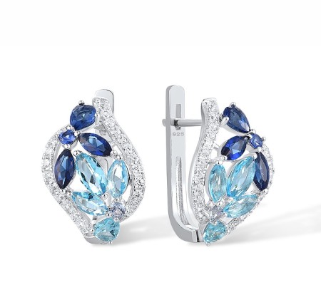 Sterling Silver Earrings Blue Glass,Blue Nano Cubic Zirconia,Blue Spinel,White Cubic Zirconia (E317233MULSL925)