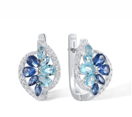 Sterling Silver Earrings Blue Glass,White Cubic Zirconia (E317234BLGZSL925)