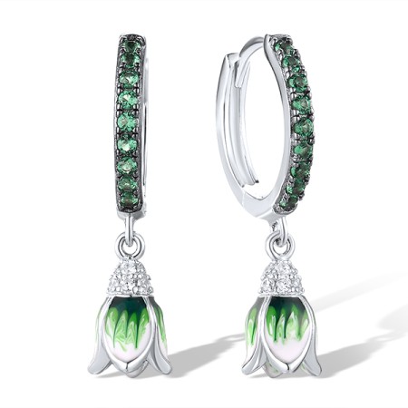 Sterling Silver w/ Black White Plating Earrings Enamel,Green Spinel,White Cubic Zirconia (E317252ENASK925)