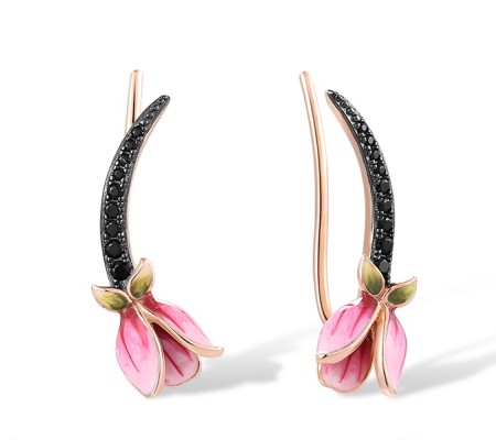 Sterling Silver w/ Rose Black Plating Earrings Black spinel,Enamel (E317258ENASD925)