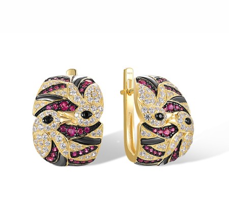 Sterling Silver w/ Yellow Black Plating Earrings Black spinel,Created Ruby,White Cubic Zirconia (E317324BCRZSC925)
