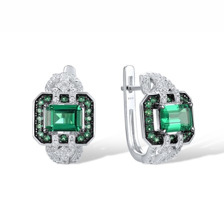 Sterling Silver w/ Black White Plating Earrings Green Spinel,White Cubic Zirconia (E317329GSZSK925)