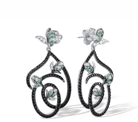Sterling Silver w/ Black White Plating Earrings Black spinel,Green Spinel,White Cubic Zirconia (E317345BGSZSK925)
