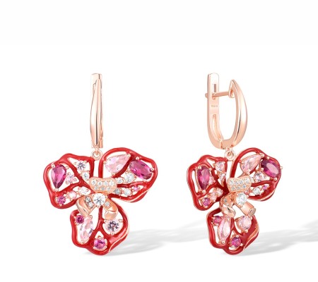 Sterling Silver w/ Rose Plating Earrings Enamel,Morgan Nano spinel Stone,Red Nano Crystal,White Cubic Zirconia (E317453ENASR925)