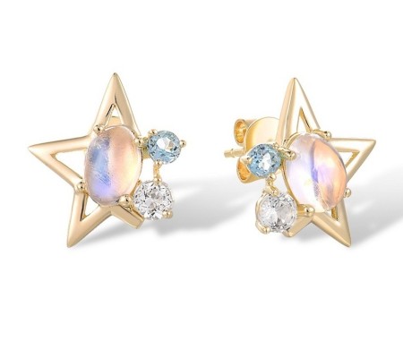 14KY Earrings Blue Moonstone,Blue Topaz (Swiss Blue),White Topaz (E317473BMOT14KY)