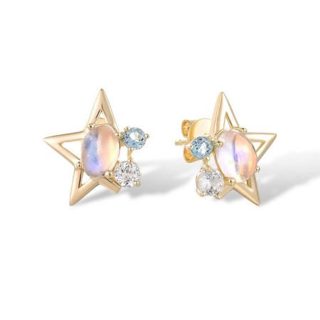 14KY Earrings Blue Moonstone,Blue Topaz (Swiss Blue),White Topaz (E317473BMOT14KY)